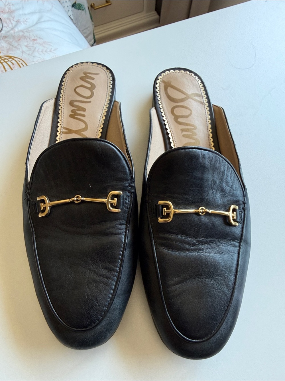 Sam Edelman Black Leather Slip-On Mules with Gold Horsebit